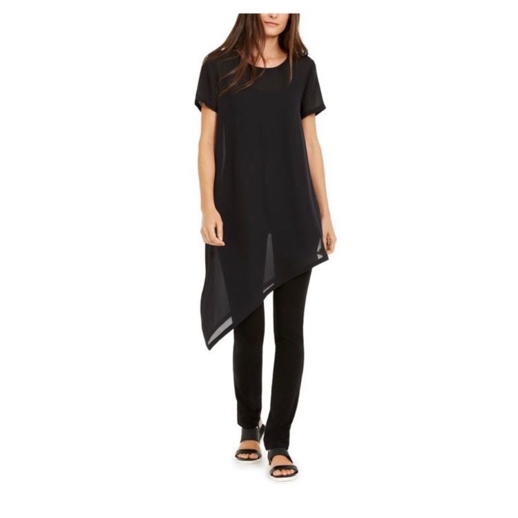 Eileen Fisher Black Asymmetrical Hem Short Sleeve Evening Silk Tunic